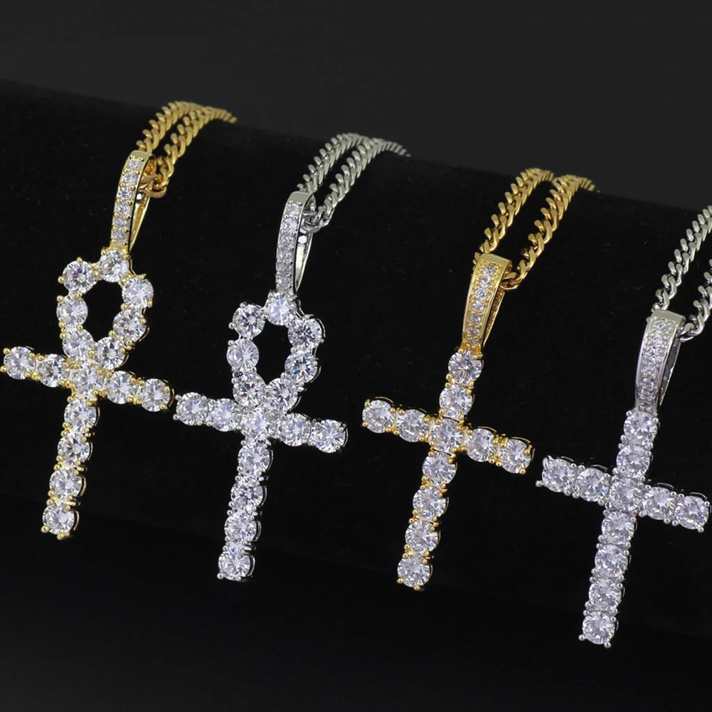 Diamond Ankh & Cross Pendant "Iced Gold Necklace Set"