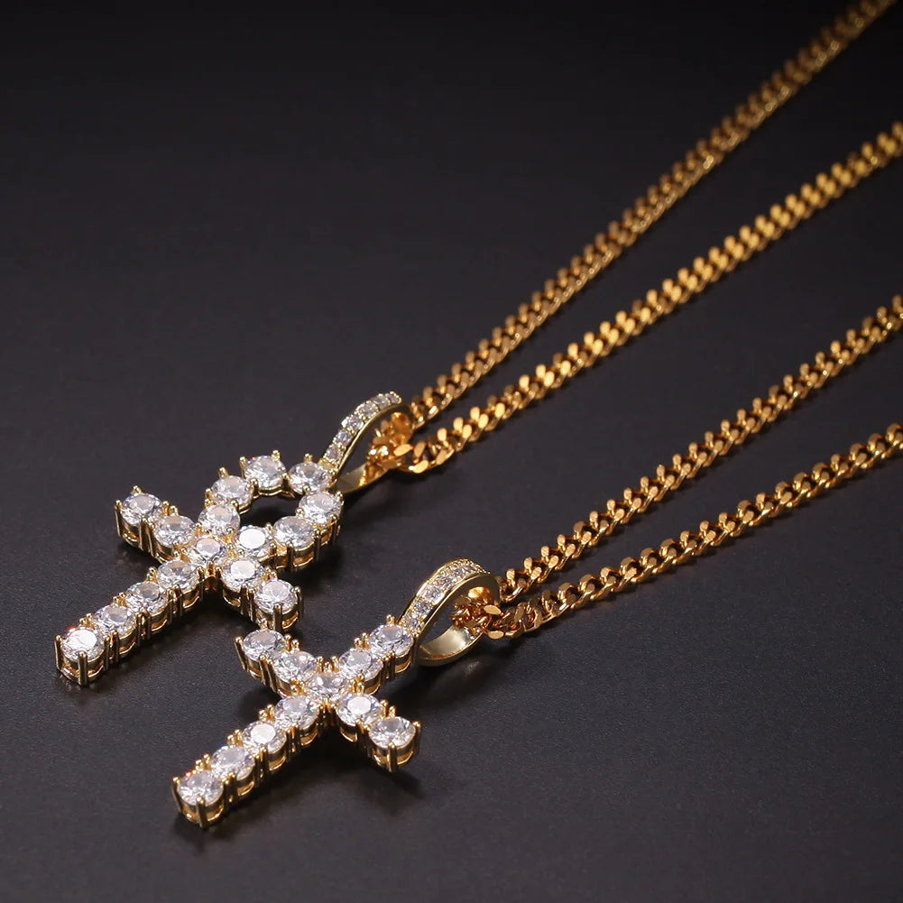 Diamond Ankh & Cross Pendant "Iced Gold Necklace Set"