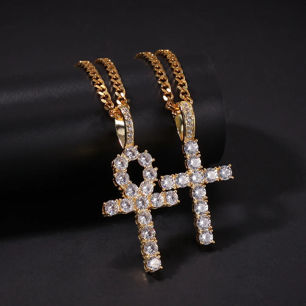 Diamond Ankh & Cross Pendant "Iced Gold Necklace Set"