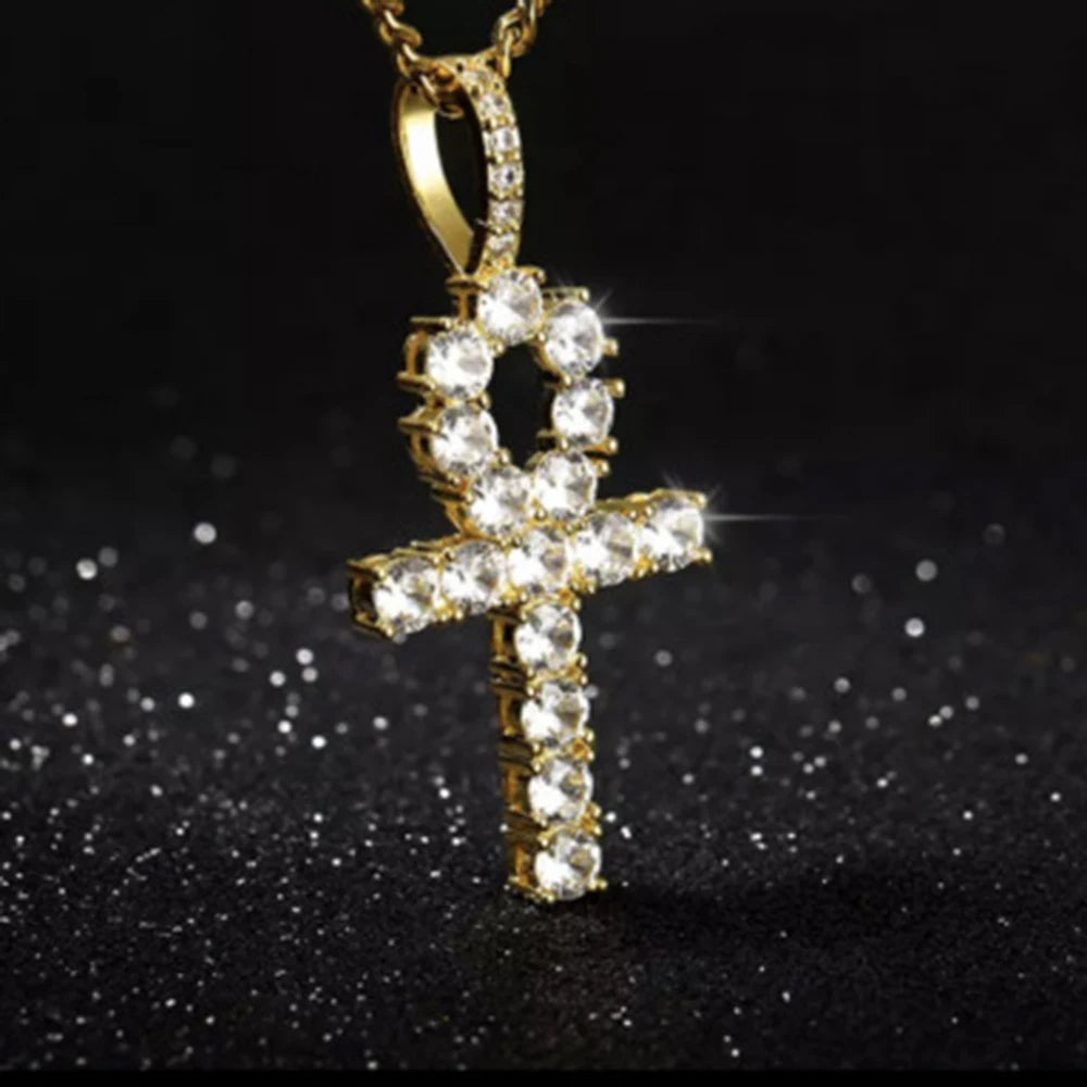 Diamond Ankh & Cross Pendant "Iced Gold Necklace Set"