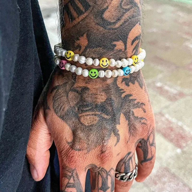 Retro Smiley Pearl Bead Bracelet
