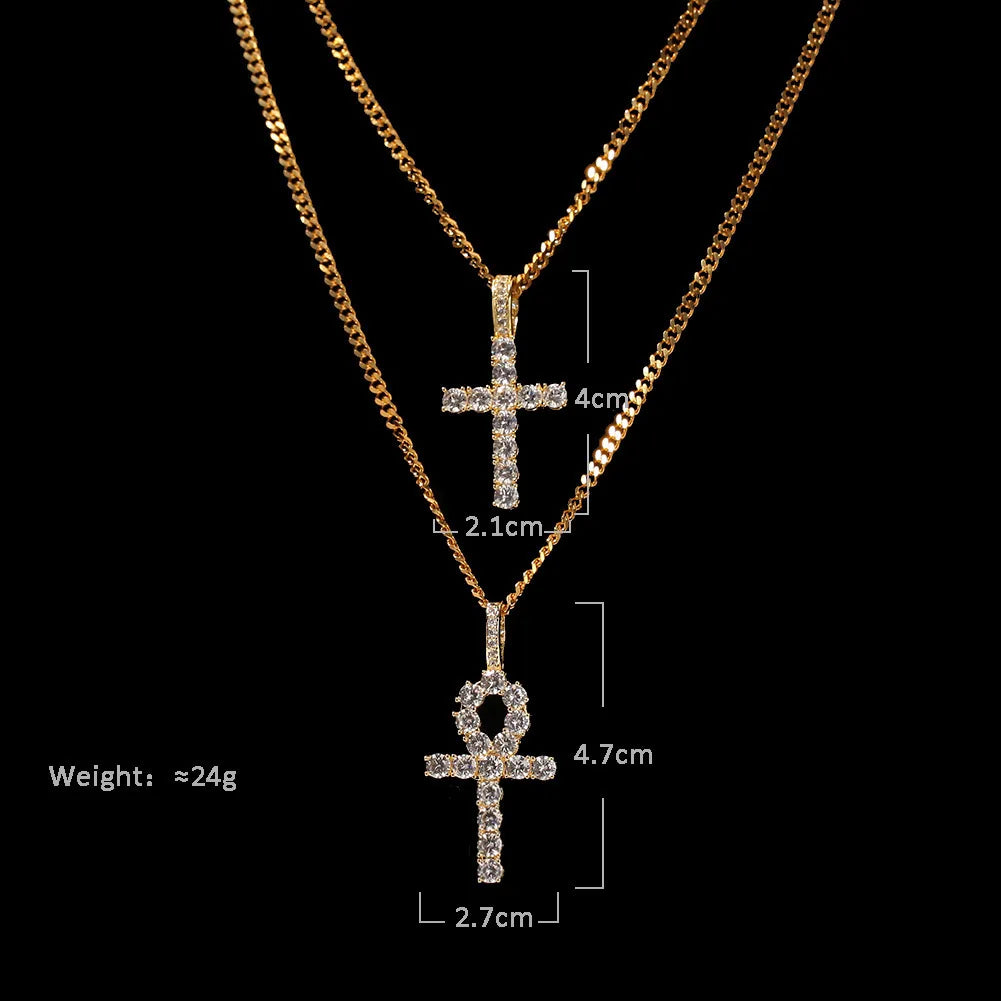 Diamond Ankh & Cross Pendant "Iced Gold Necklace Set"